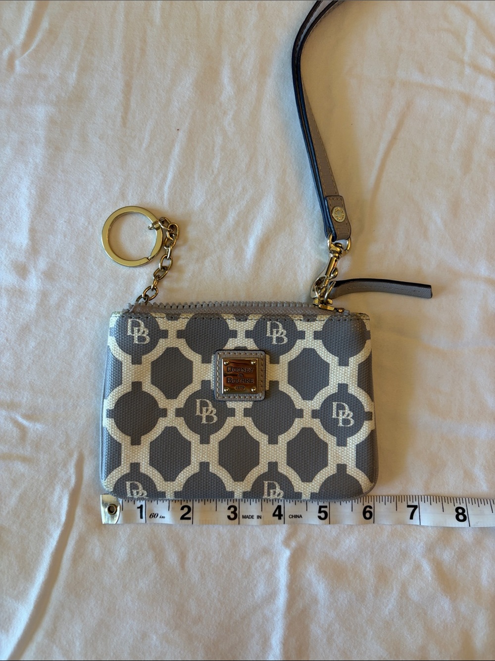Dooney & Bourke Gray and Cream Logo Wristlet Key Pouch with Gold Hardware - Picture 12 of 12